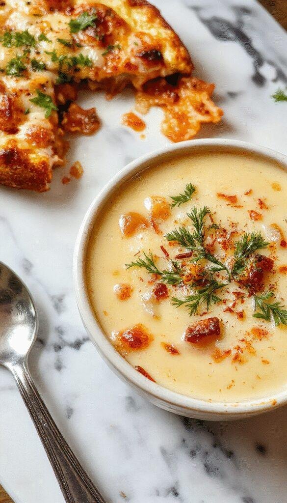 A round, golden-brown pizza topped with caramelized onions, melted cheese, and crispy crust, garnished with fresh herbs, presented on a rustic wooden board