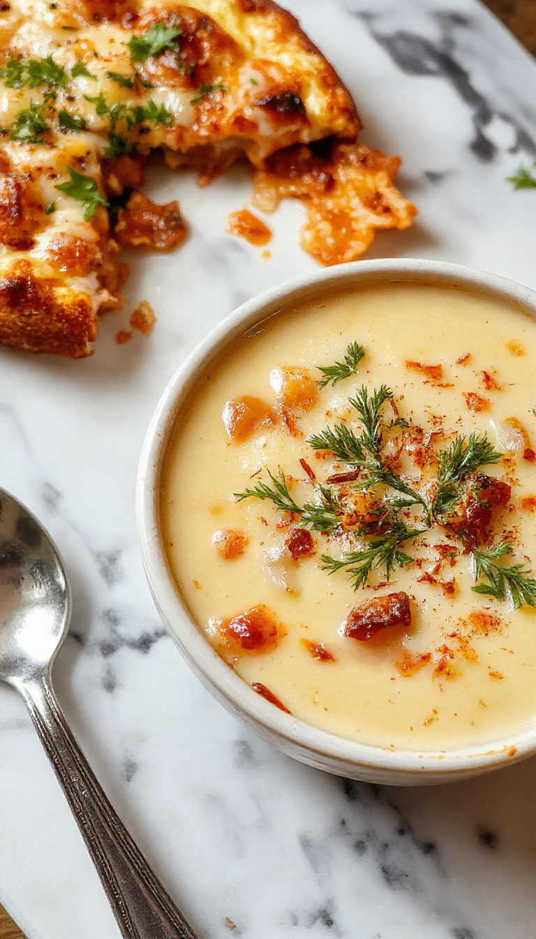 A round, golden-brown pizza topped with caramelized onions, melted cheese, and crispy crust, garnished with fresh herbs, presented on a rustic wooden board