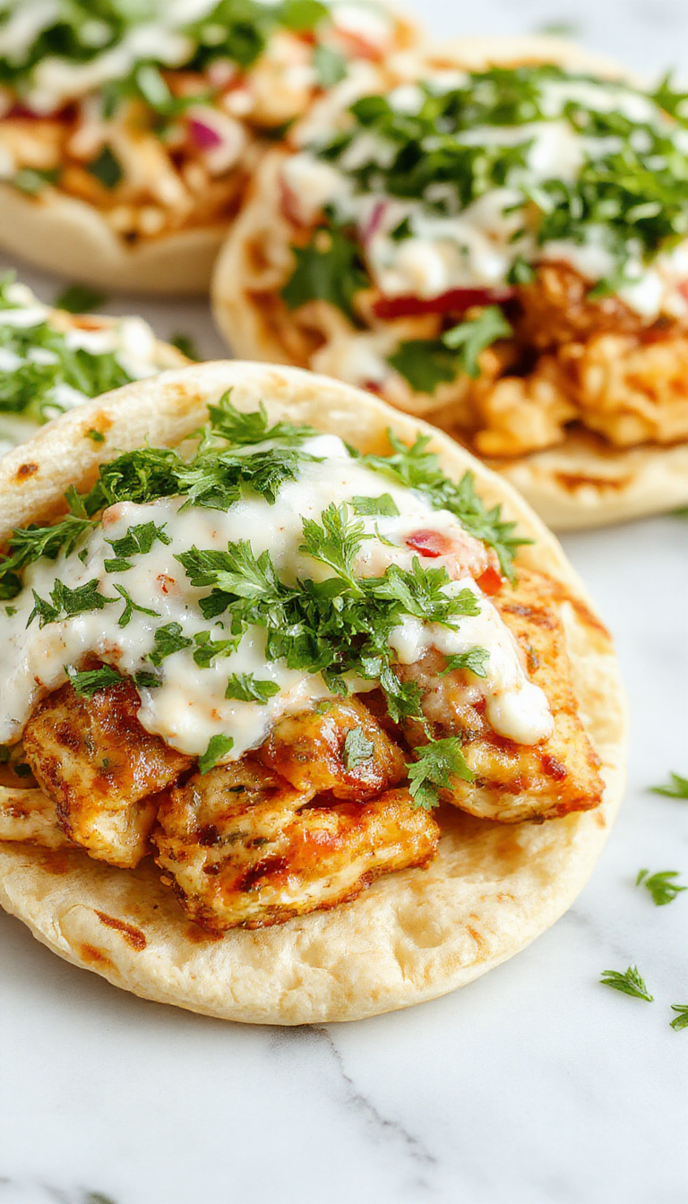 Colorful plate showcasing golden-brown sheet pan chicken nestled in soft pita bread, topped with vibrant green herb ranch slaw, garnished with fresh herbs, styled on a rustic wooden table with a vibrant background.