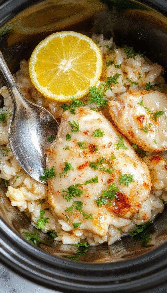 Colorful plated dish featuring juicy shredded chicken with bright yellow lemon slices and fresh green herbs atop fluffy white rice, garnished with lemon zest and herbs, styled simply with a rustic background