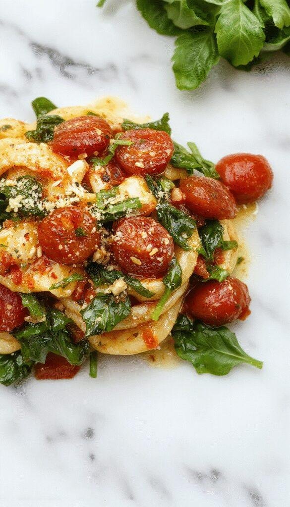 A vibrant plate of spinach and tomato pasta showcasing bright green spinach leaves, ripe red cherry tomatoes, and al dente pasta topped with fresh herbs, presented on a white ceramic plate with a rustic wooden background and a sprinkle of grated cheese on top.