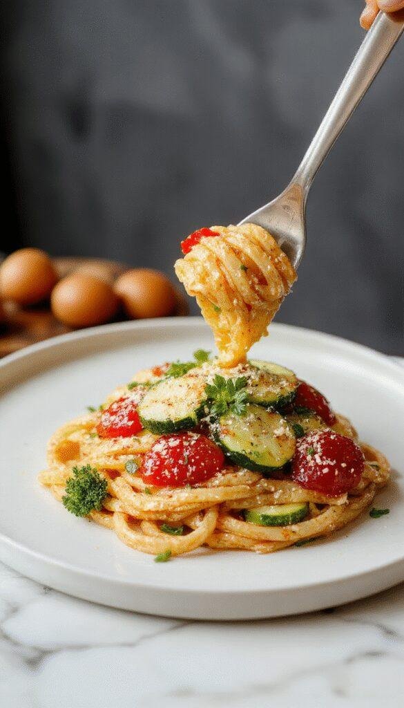 A vibrant plate of tomato zucchini pasta featuring spiralized zucchini noodles topped with ripe cherry tomatoes, fresh basil, and a sprinkle of grated Parmesan cheese, bright green and red colors contrasting with the white plate, garnished elegantly with herbs and drizzled with olive oil.