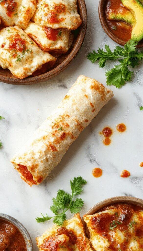 Colorful plate featuring crispy tortilla pizza rolls with melted cheese, vibrant vegetable toppings, and garnished with fresh herbs, presented on a rustic wooden surface with scattered ingredients and a cheerful, inviting setting.