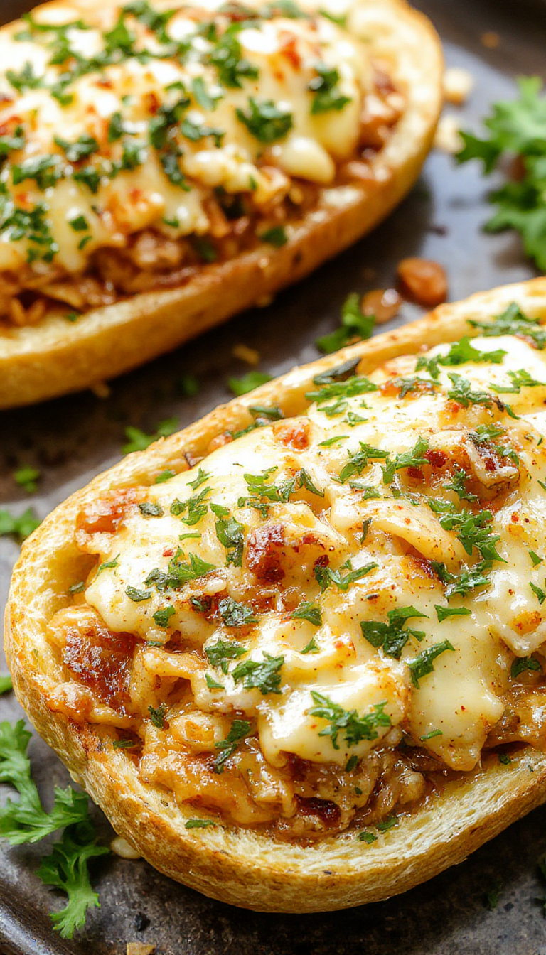Golden garlic bread boats filled with savory spaghetti, topped with herbs and melted cheese, ready to serve as a hearty dinner.