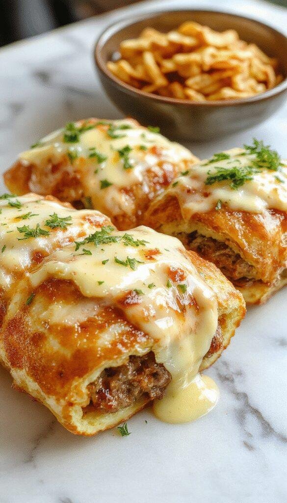 Golden-brown cheeseburger rollups spilling melted cheese on a rustic wooden platter, topped with fresh parsley, showcasing crispy edges and juicy beef filling with a glossy garlic butter glaze