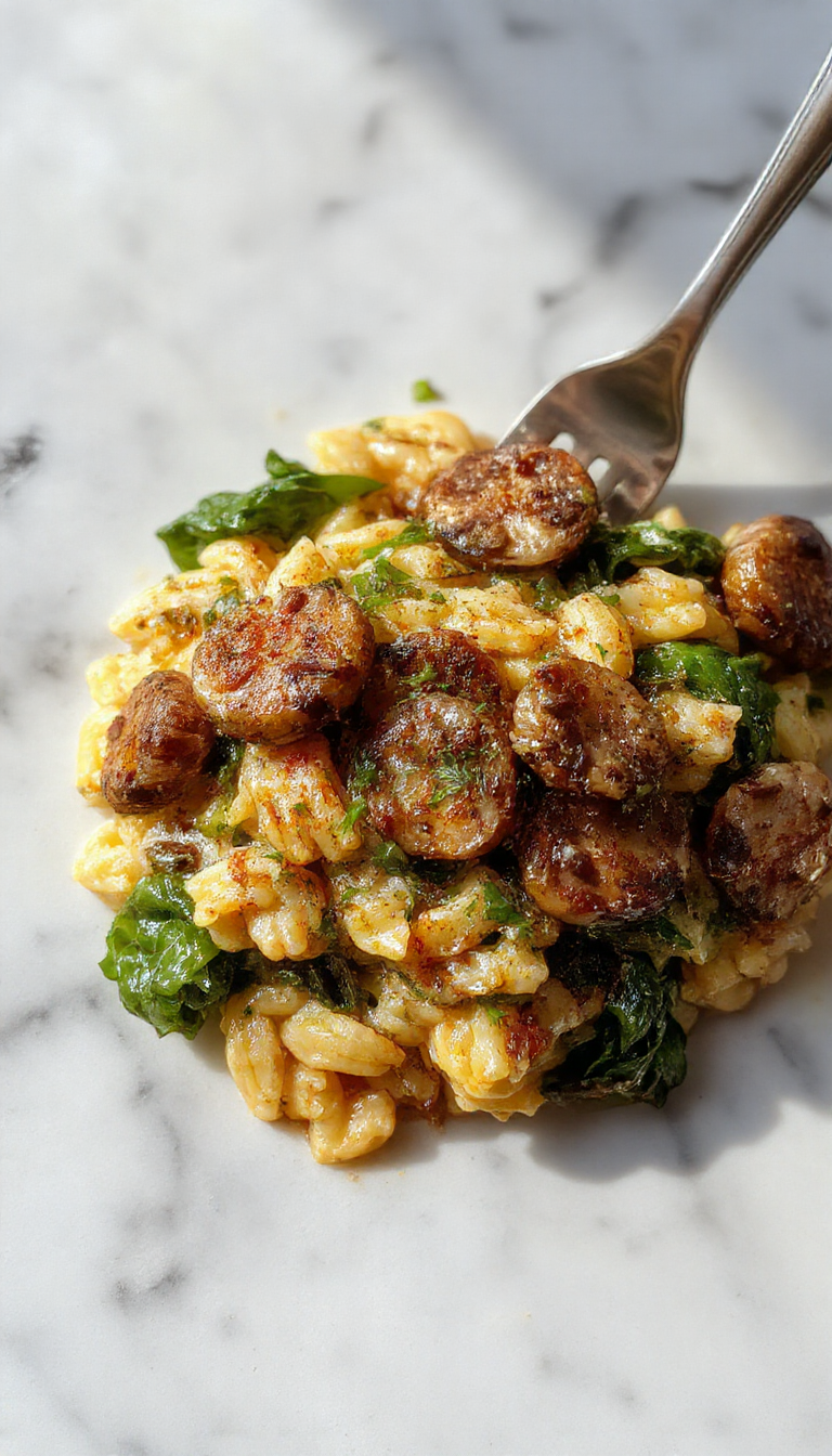 A close-up of a creamy orzo dish with sautéed mushrooms and wilted spinach, topped with fresh herbs on a white plate with a rustic wooden background