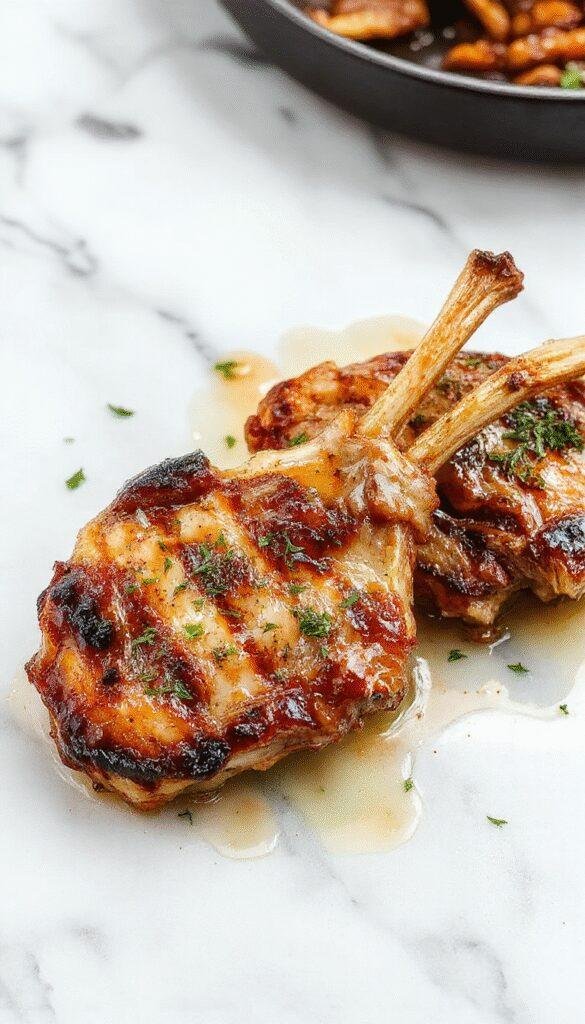 A close-up of perfectly cooked pork chops with a golden crust, topped with a sprig of fresh parsley and a dollop of garlic butter, served on a rustic plate with a glossy sauce and lemon wedges, vibrant green herbs and a textured background add depth.