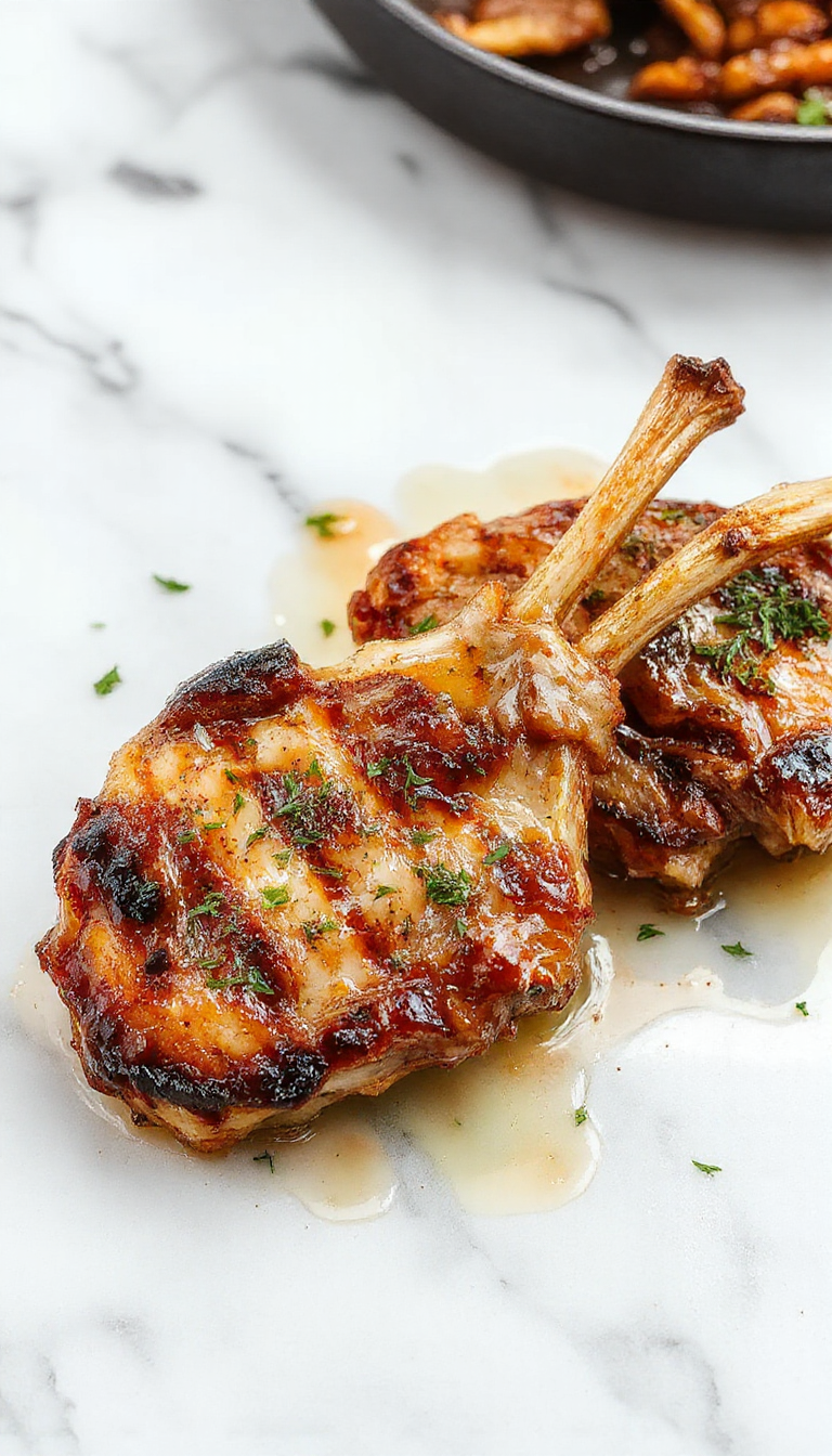 Golden-brown garlic butter pork chops plated on a white ceramic dish, garnished with fresh parsley, with a side of roasted vegetables and a drizzle of rich butter sauce, styled simply on a rustic wooden table with natural lighting