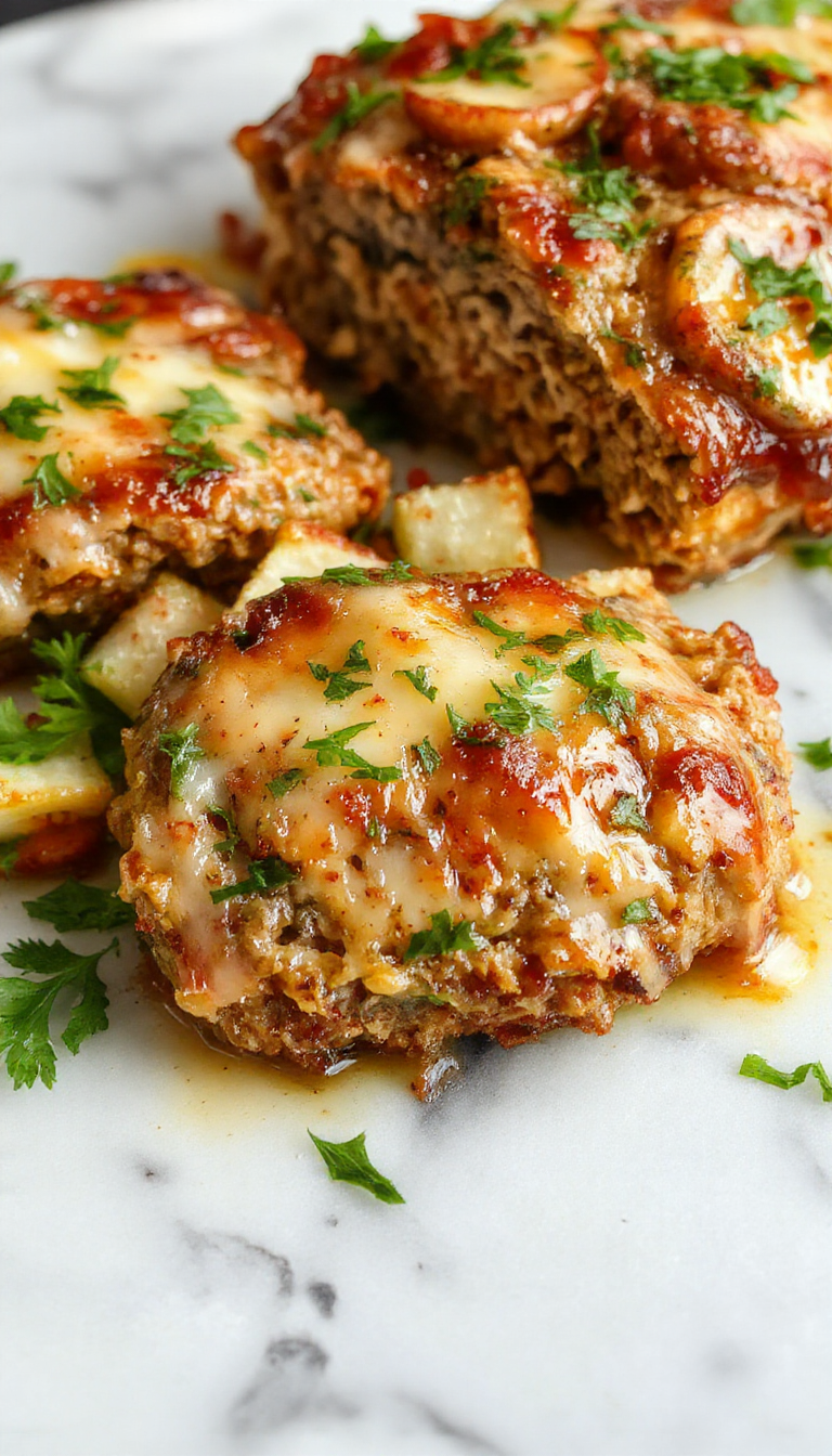 A rustic white plate holding a sliced chicken meatloaf topped with melted golden garlic Parmesan cheese, garnished with fresh parsley and cracked black pepper. The meatloaf has a moist texture with visible herbs and cheese, presented alongside a side of roasted vegetables with vibrant colors, styled beautifully for a homestyle meal.