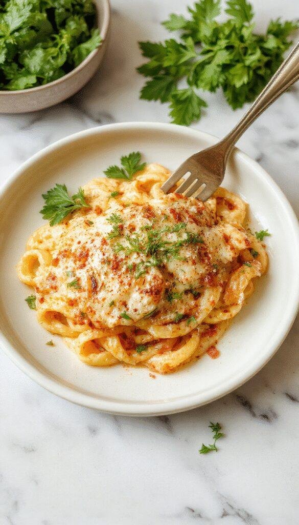 A close-up of a white plate featuring creamy chicken pasta topped with grated parmesan cheese and chopped parsley. The pasta is coated in a rich garlic sauce, with tender chicken pieces visible among the noodles, garnished with a sprinkle of fresh herbs. The dish is presented on a rustic wooden table with a side of lemon wedges and a sprinkle of black pepper.