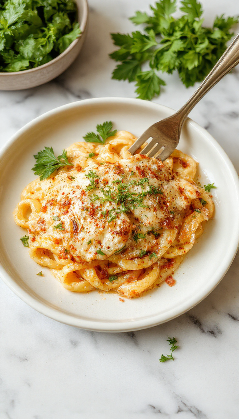 A close-up of a white plate featuring creamy chicken pasta topped with grated parmesan cheese and chopped parsley. The pasta is coated in a rich garlic sauce, with tender chicken pieces visible among the noodles, garnished with a sprinkle of fresh herbs. The dish is presented on a rustic wooden table with a side of lemon wedges and a sprinkle of black pepper.