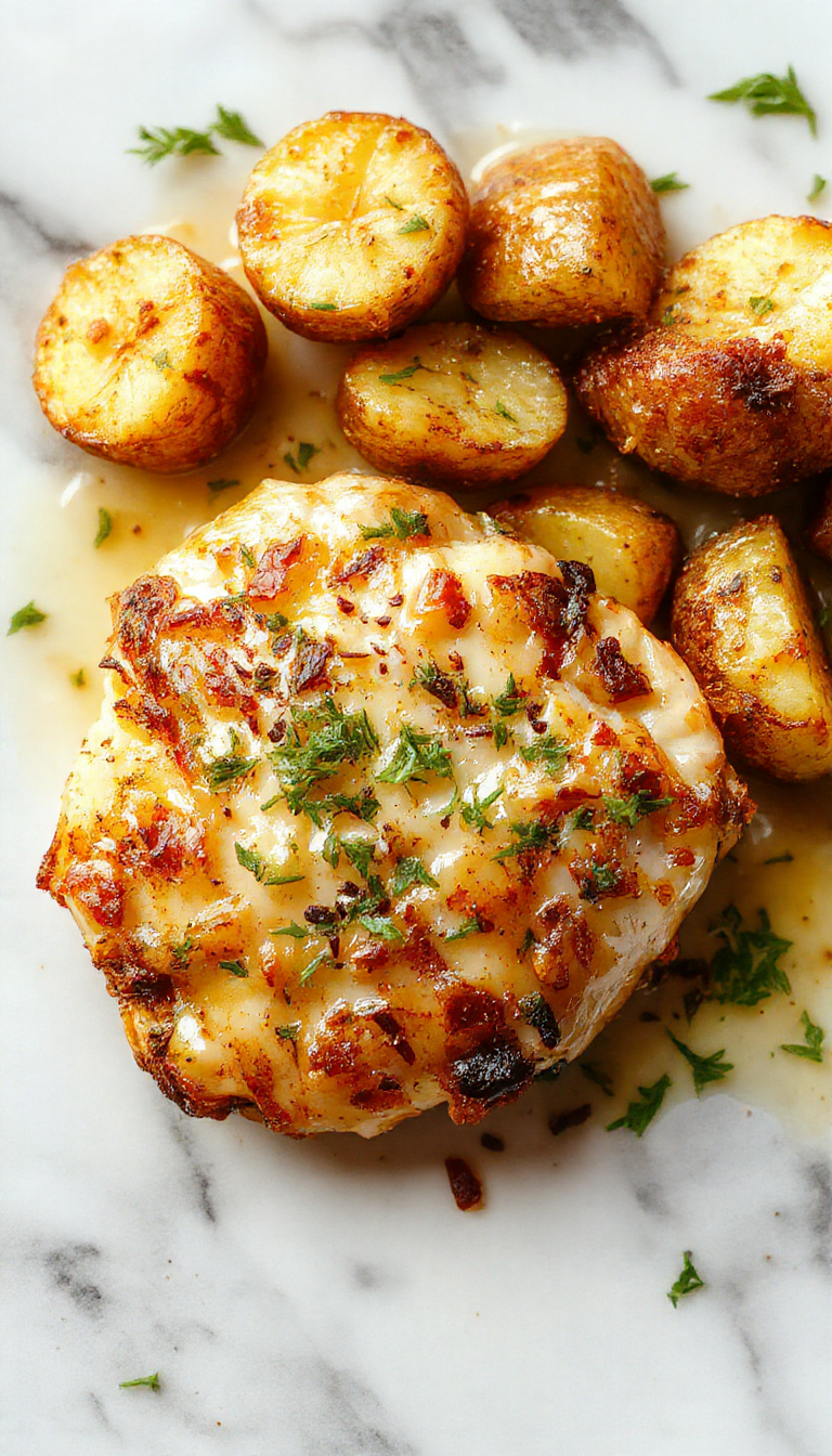 A close-up shot of a plate featuring golden-brown roasted chicken pieces topped with finely grated Parmesan cheese and fresh minced garlic. Accompanying the chicken are crispy, herb-seasoned potato wedges with a hint of parsley. The dish is presented on a rustic white plate with a scattering of chopped herbs, highlighting the crispy textures and golden hues, styled with a side of fresh greens for contrast.