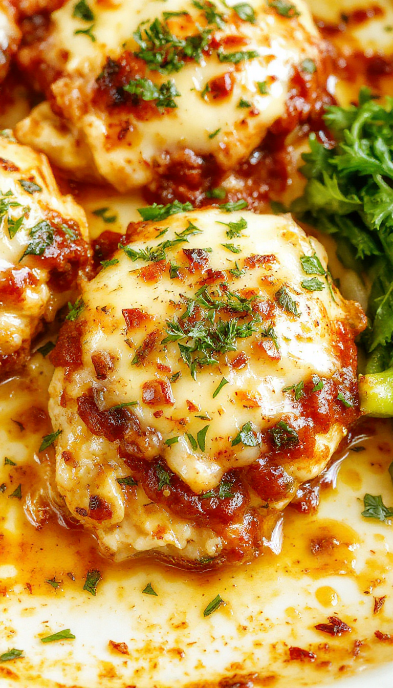 Golden Baked Chicken Parmesan served on a plate with melted cheese and marinara sauce, garnished with fresh basil.