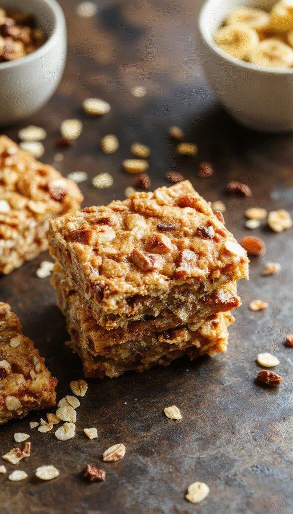 Golden Banana Oat Bars served on a rustic wooden table, showing their chewy texture and golden hue with slices revealing the banana and oat filling.