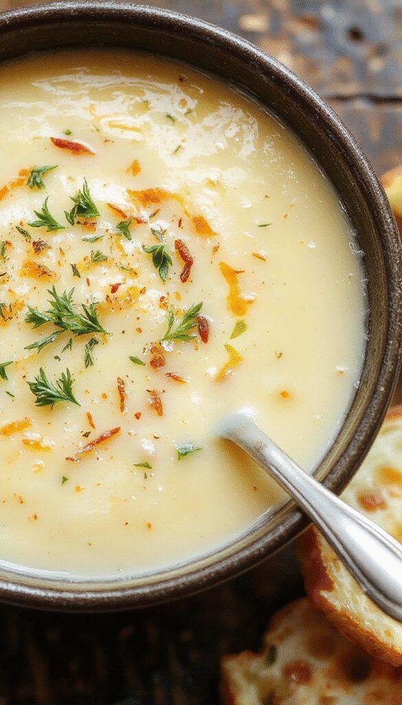 A warm bowl of Golden Comfort Creamy Cheddar & Herb Potato Soup garnished with fresh herbs, surrounded by rustic bread slices on a wooden table.
