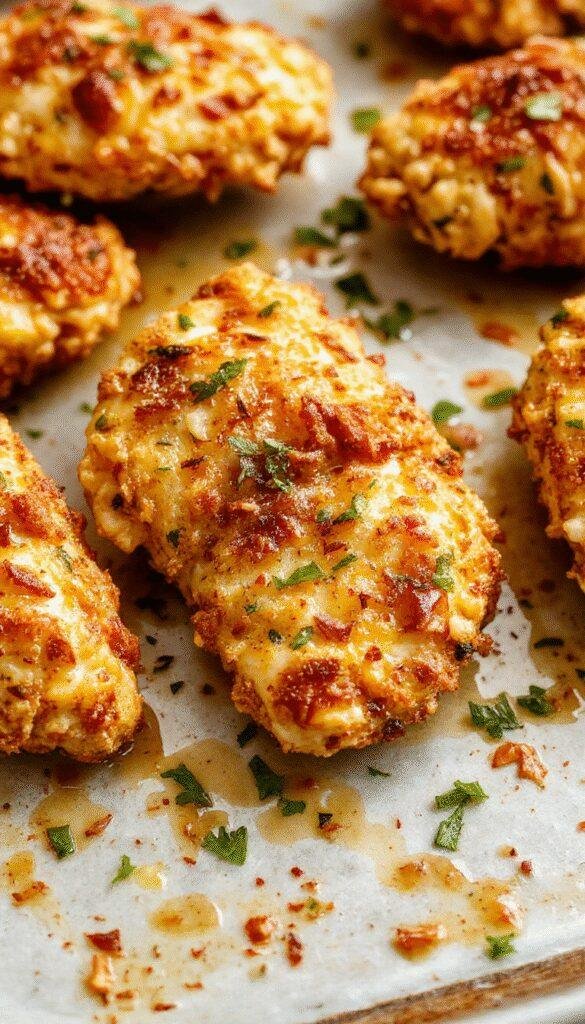 Golden crispy baked chicken tenders arranged on a white plate with a side of dipping sauce, garnished with fresh herbs, in a cozy kitchen setting.