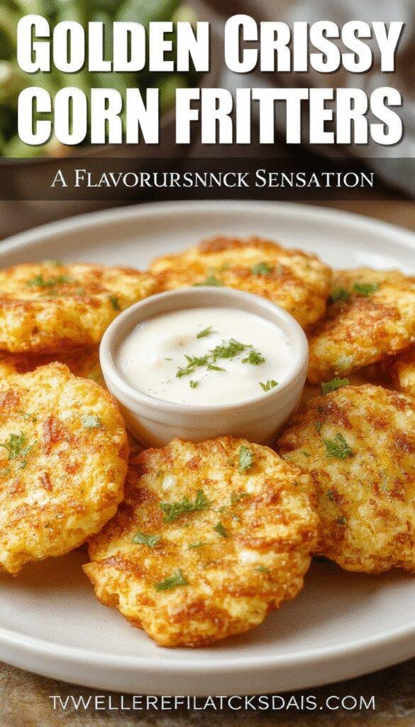 Golden crispy cheesy corn fritters on a rustic plate, garnished with fresh herbs and served with a side of dipping sauce.