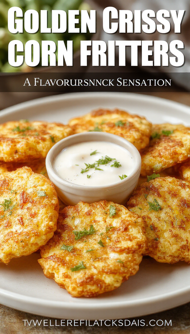 Golden crispy cheesy corn fritters on a rustic plate, garnished with fresh herbs and served with a side of dipping sauce.