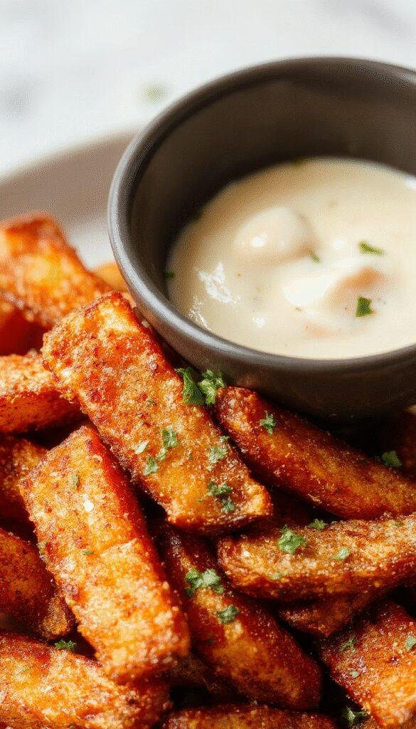 Golden crispy sweet potato fries served on a rustic wooden platter with fresh herbs and a dipping sauce.
