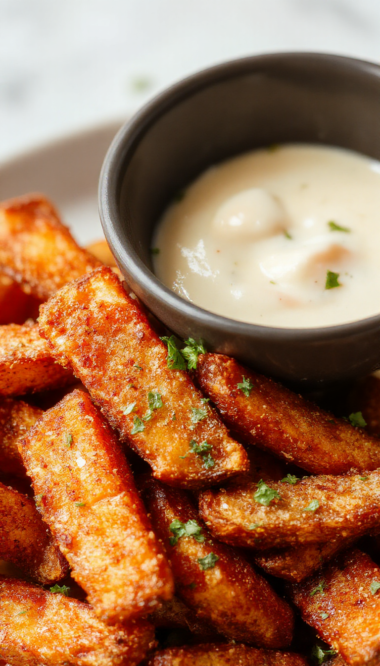 Golden crispy sweet potato fries served on a rustic wooden platter with fresh herbs and a dipping sauce.