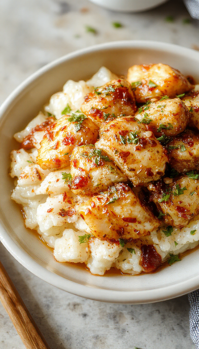 A comforting bowl of Golden Garlic Ginger Chicken & Rice topped with fresh herbs and slices of crispy chicken, served on a rustic plate.