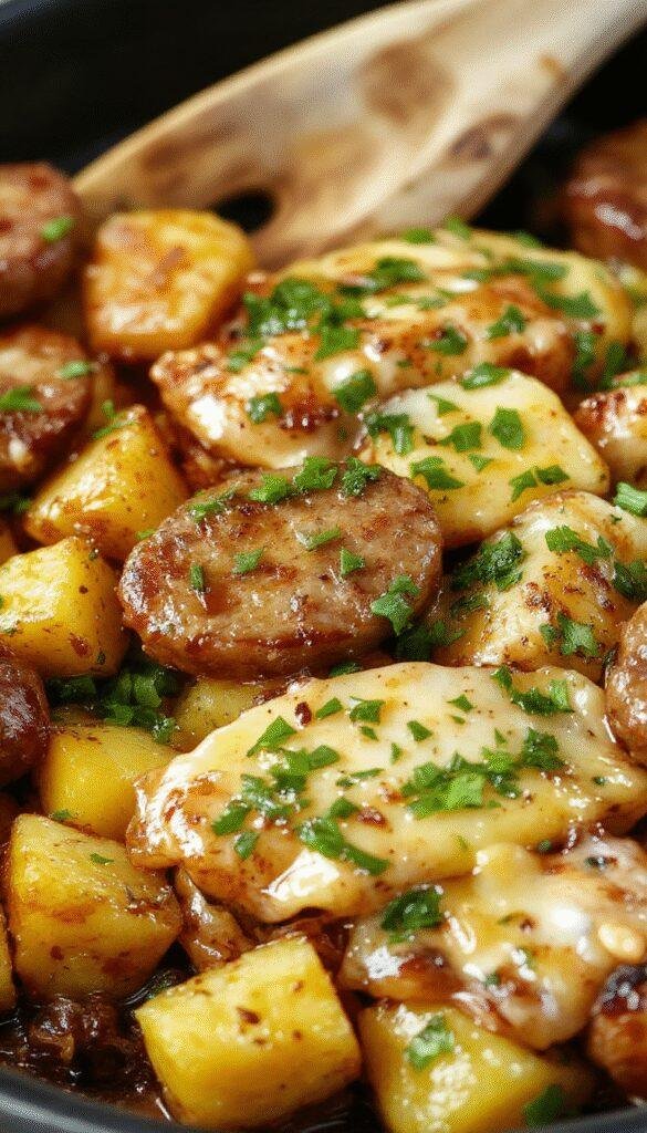 A vibrant skillet showcasing golden honey garlic sausage alongside roasted sweet potatoes garnished with fresh herbs.