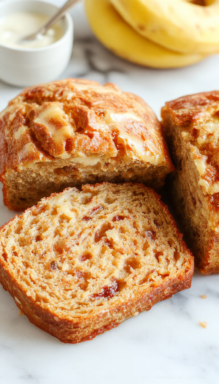 A golden, freshly baked banana bread drizzled with honey and topped with vanilla bean specks, sitting on a rustic wooden table.