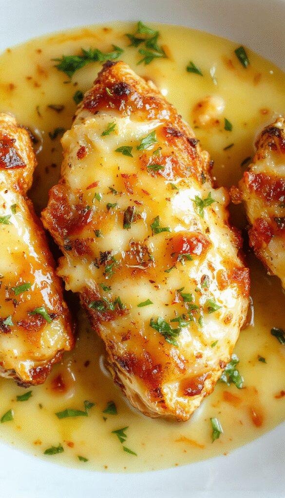 Golden Parmesan Chicken served with velvety garlic sauce on a white plate, garnished with fresh herbs and lemon wedges