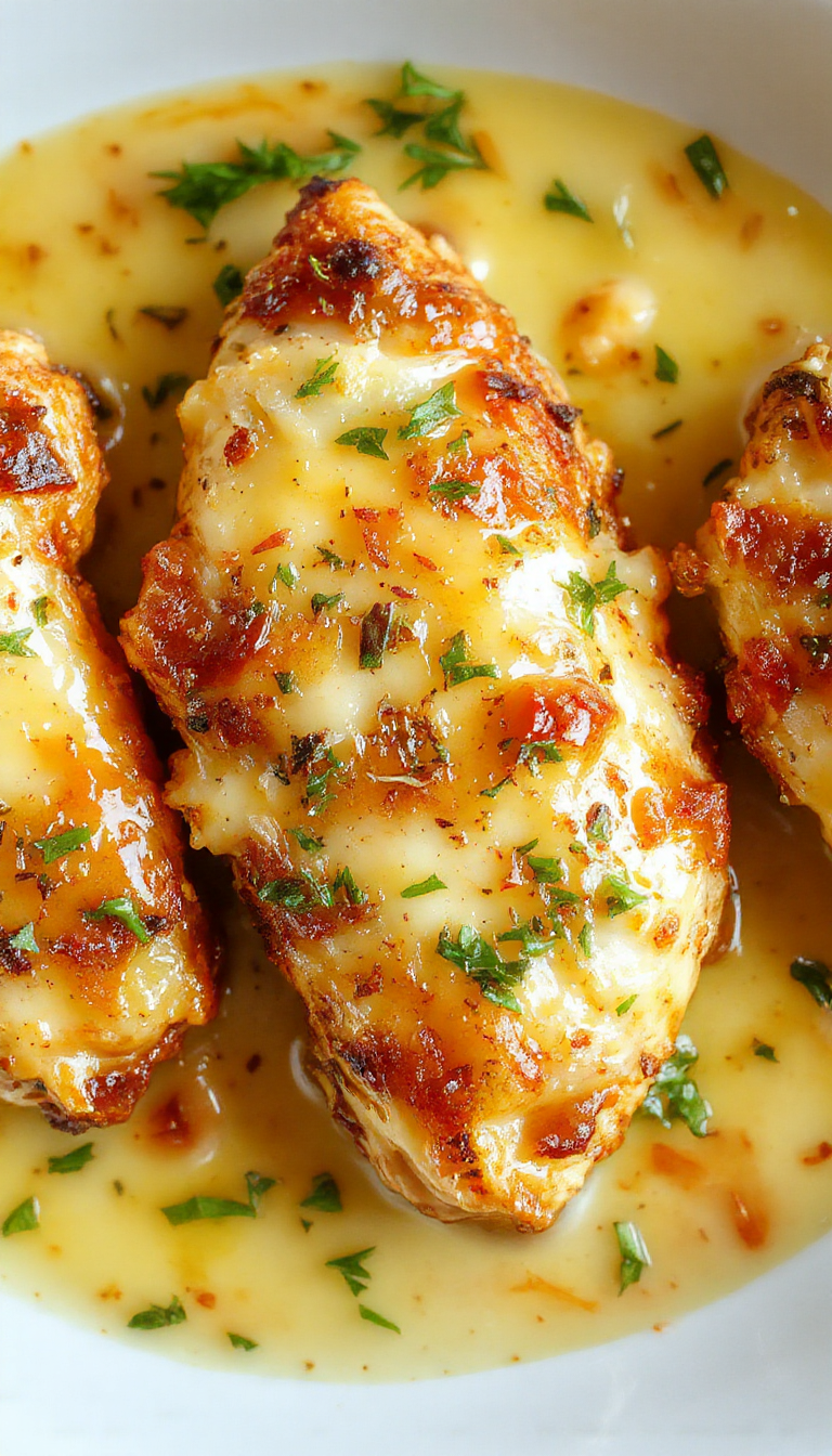 Golden Parmesan Chicken served with velvety garlic sauce on a white plate, garnished with fresh herbs and lemon wedges