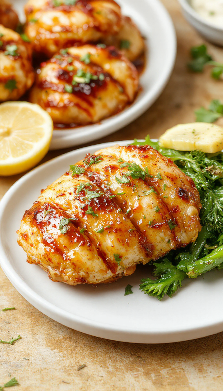 A plate of Golden Pineapple Chicken featuring tender chicken pieces topped with juicy pineapple chunks and colorful bell peppers, garnished with fresh herbs.