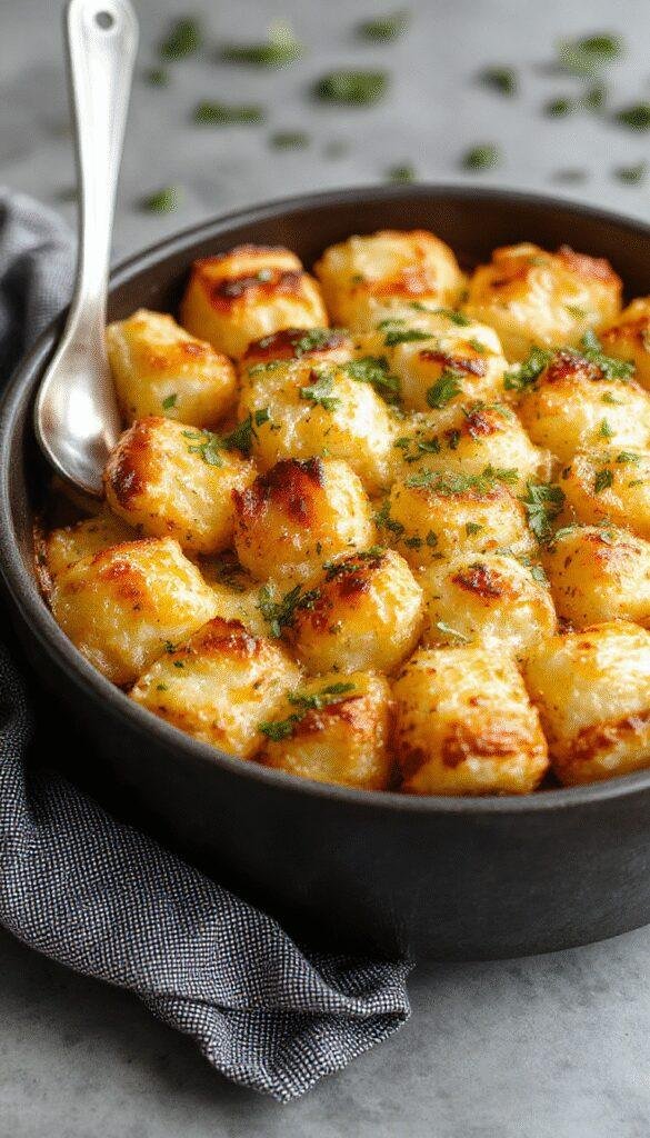 A golden, crispy tater tot bake in a baking dish topped with melted cheese and fresh herbs, served alongside a family-style table setting.