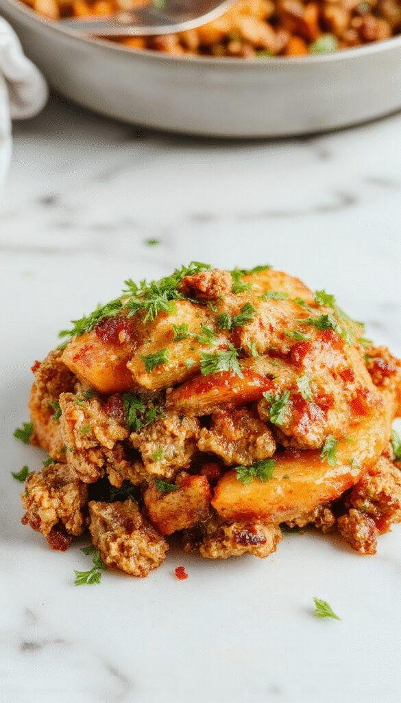 Colorful ground turkey and sweet potato casserole served in a rustic white baking dish garnished with fresh herbs. The tender sweet potatoes are golden orange, contrasting with the browned ground turkey and vibrant green parsley on top. The dish is styled with a sprinkle of cheese, with a spoon scooping out a portion to reveal the layered textures and wholesome ingredients.