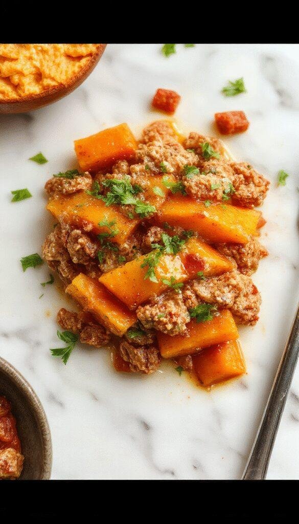 A colorful casserole dish featuring golden-baked sweet potatoes topped with seasoned ground turkey, melted cheese, and fresh herbs. The dish is served on a rustic wooden table, with steam rising and a crispy, cheesy crust visible, garnished with chopped parsley for a vibrant finishing touch.