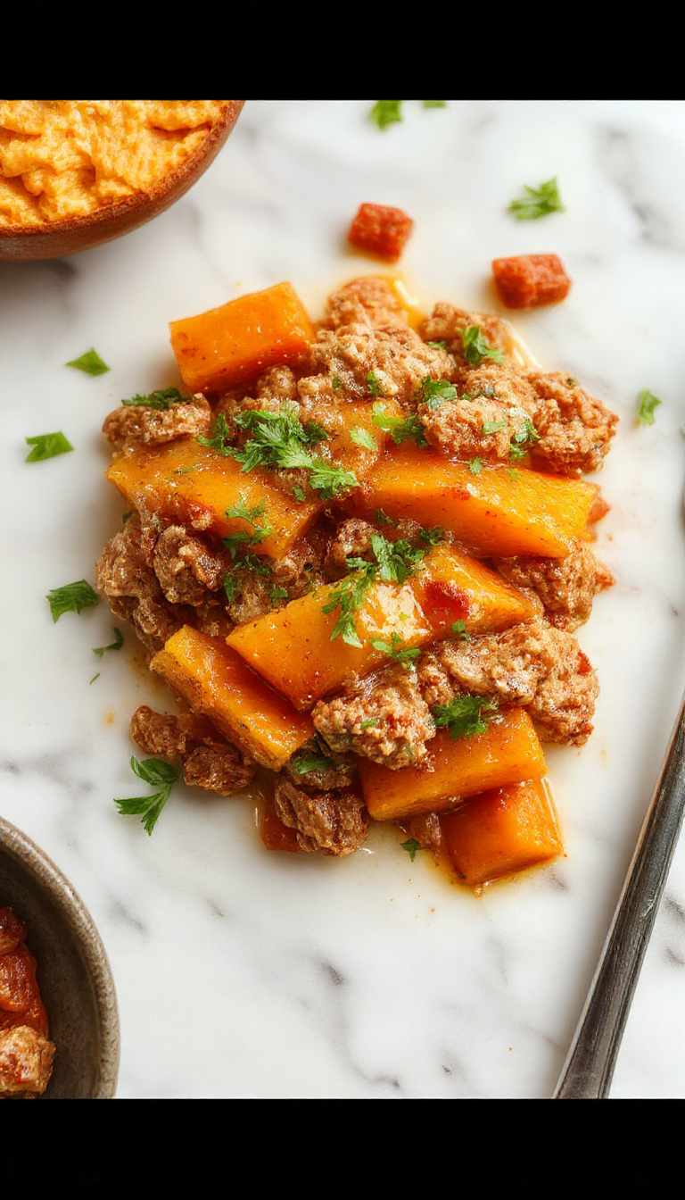 A colorful casserole dish featuring golden-baked sweet potatoes topped with seasoned ground turkey, melted cheese, and fresh herbs. The dish is served on a rustic wooden table, with steam rising and a crispy, cheesy crust visible, garnished with chopped parsley for a vibrant finishing touch.