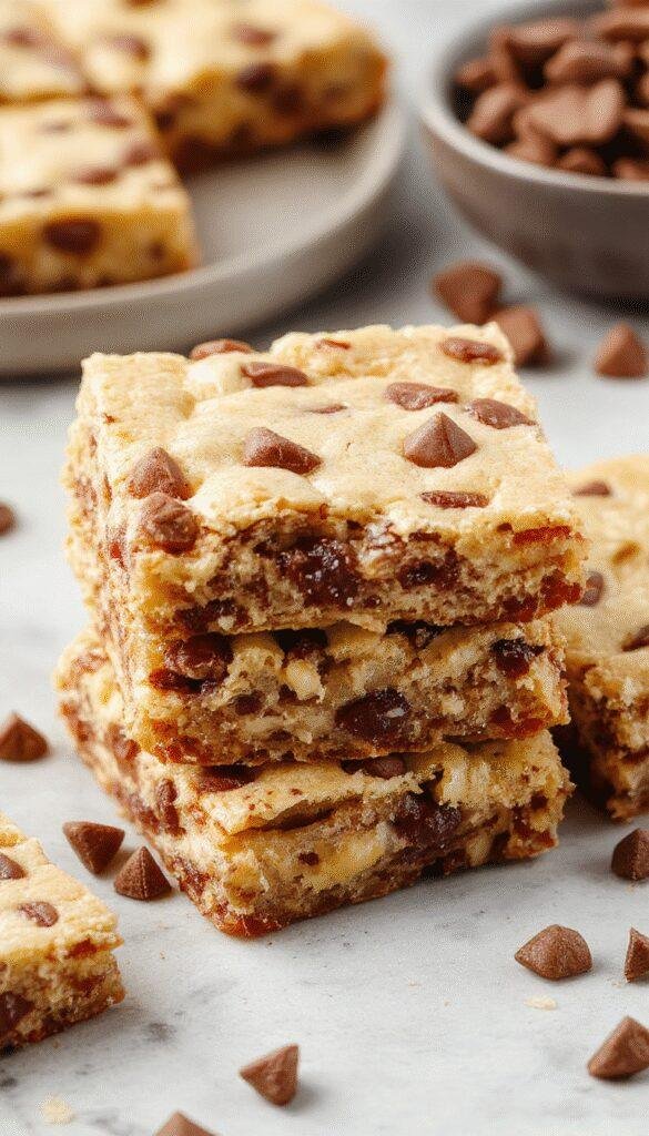 Close-up of no-bake cookie dough bars on a wooden surface, showing creamy texture and chocolate chips embedded in the bars.