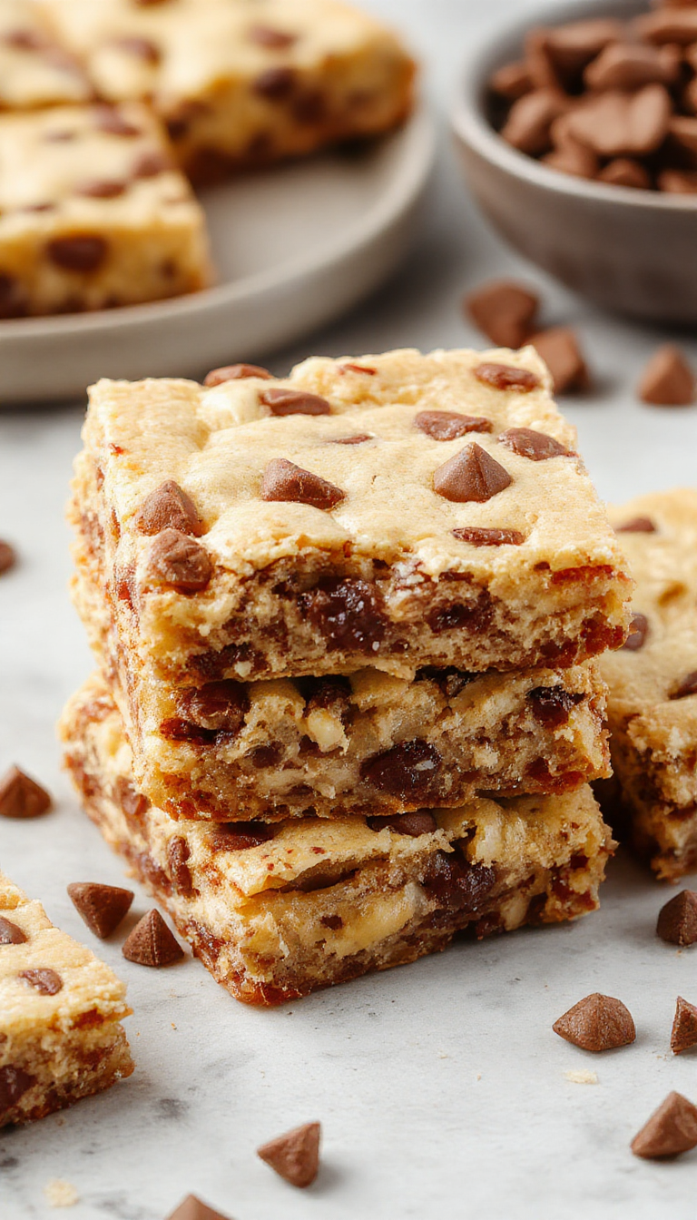 Close-up of no-bake cookie dough bars on a wooden surface, showing creamy texture and chocolate chips embedded in the bars.