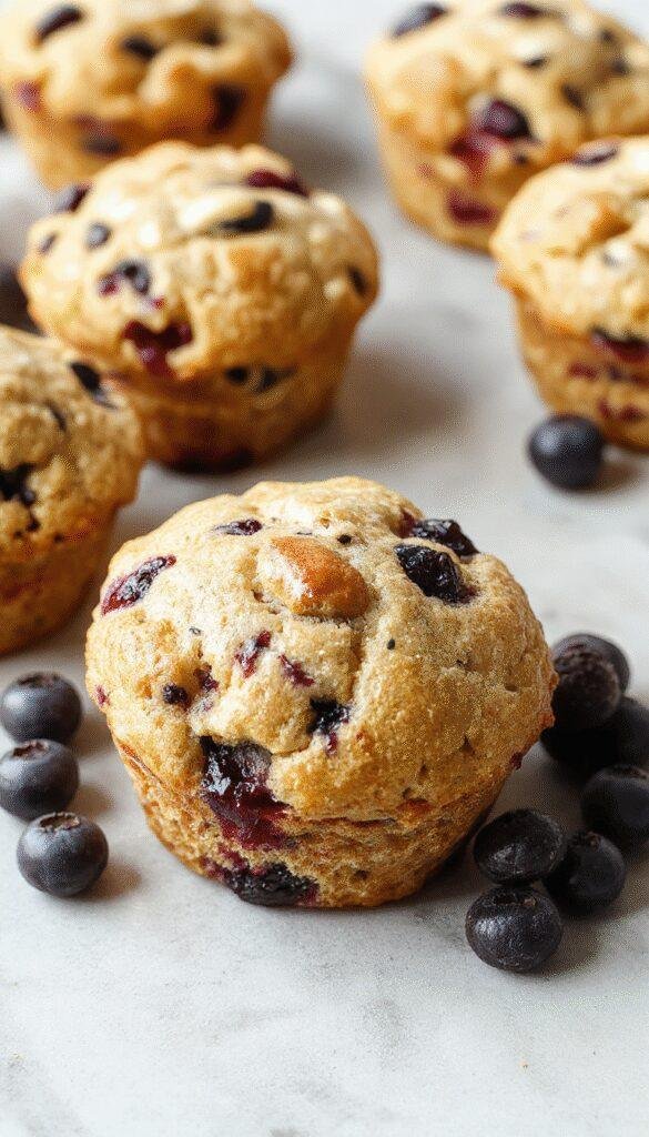 Freshly baked Healthy Blueberry Yogurt Muffins arranged on a rustic wooden table, with blueberries and yogurt visible nearby.