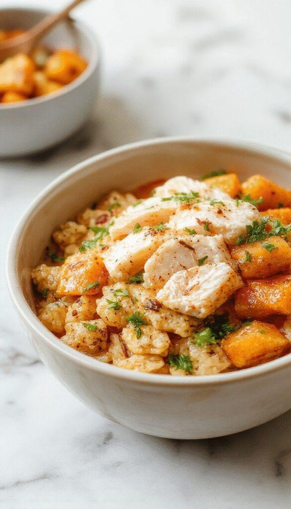 Colorful healthy chicken and sweet potato rice bowl with tender grilled chicken strips, roasted golden sweet potatoes, vibrant green spinach, cherry tomatoes, and fluffy white rice, all arranged in an inviting, rustic bowl with fresh herbs sprinkled on top, highlighting textures and bright natural colors
