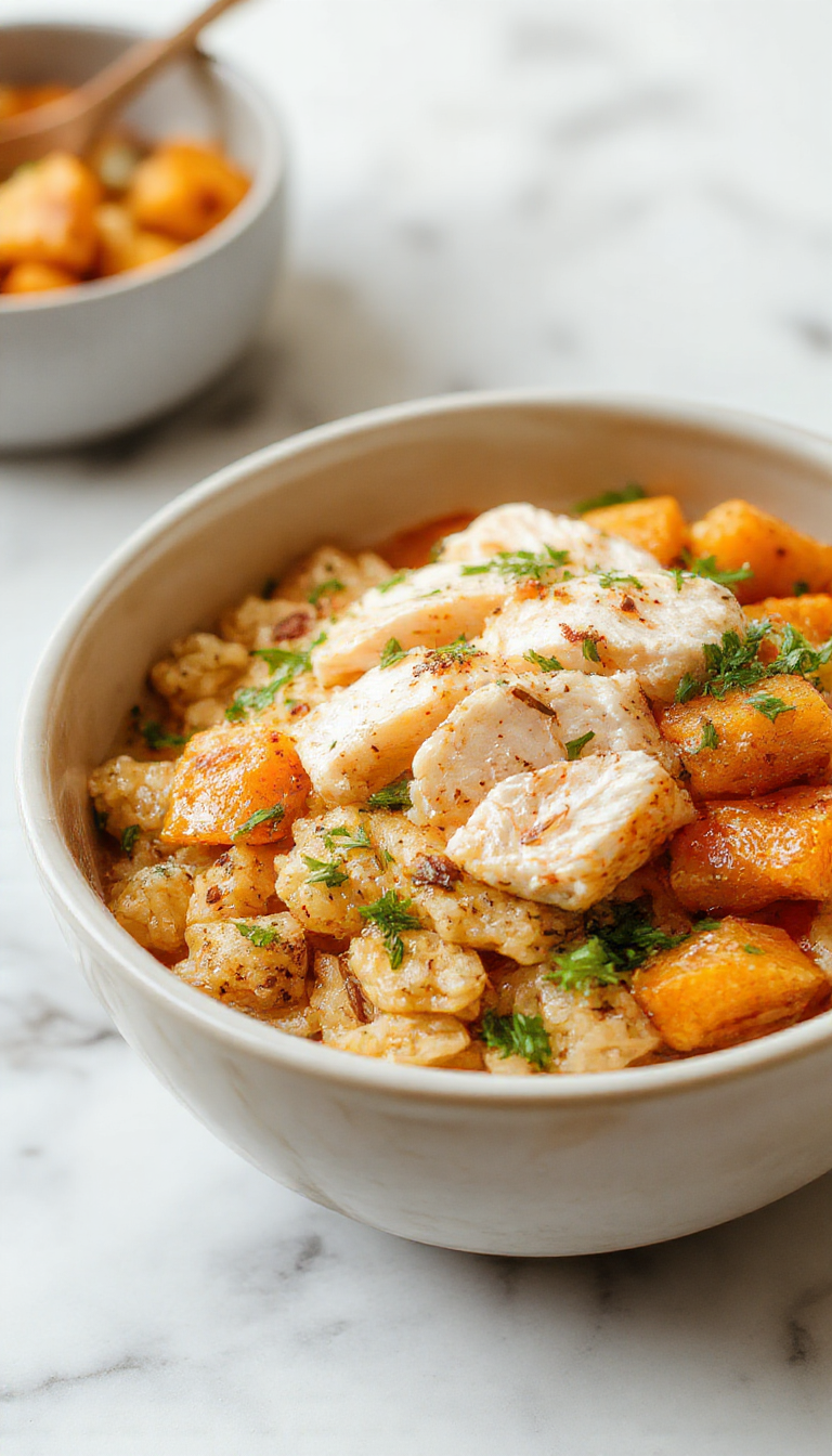 Colorful healthy chicken and sweet potato rice bowl with tender grilled chicken strips, roasted golden sweet potatoes, vibrant green spinach, cherry tomatoes, and fluffy white rice, all arranged in an inviting, rustic bowl with fresh herbs sprinkled on top, highlighting textures and bright natural colors