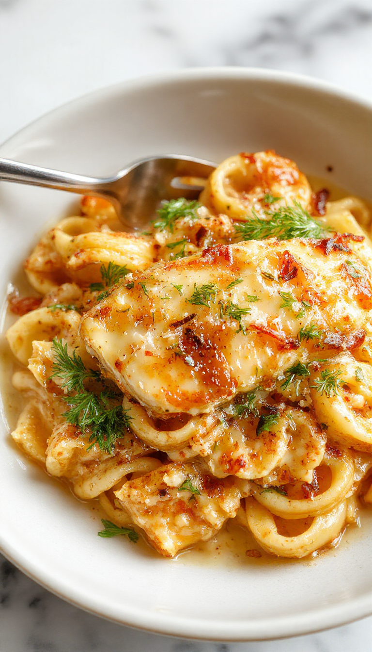 A vibrant plate of creamy garlic Parmesan chicken pasta featuring tender chicken pieces coated in a rich, cheesy sauce, garnished with fresh parsley, served on a white ceramic plate with a rustic wooden background, showcasing a glossy, flavorful texture and colorful herbs.