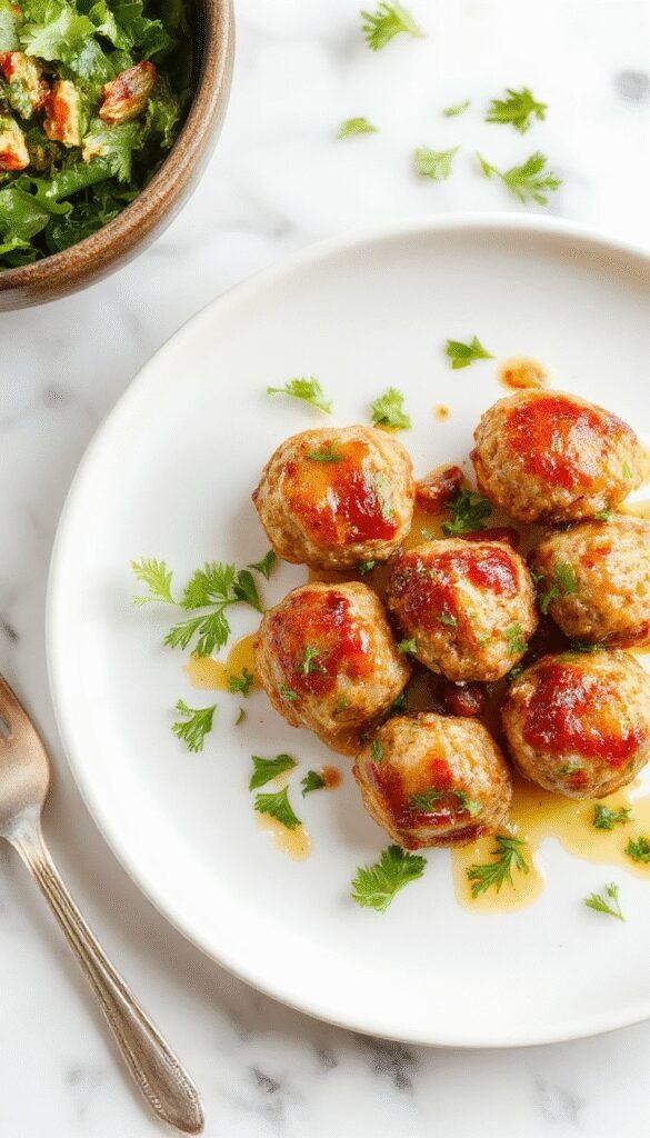Golden-brown turkey meatballs glazed with glossy honey garlic sauce, arranged on a white plate. The meatballs are garnished with chopped green onions and black pepper. The background features a rustic wooden table with a small bowl of honey and chopped garlic, styled with fresh herbs and a drizzle of sauce for an inviting and vibrant presentation.