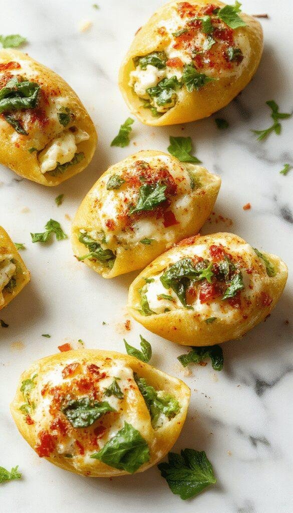 A vibrant plate of stuffed pasta shells filled with creamy ricotta and fresh spinach, topped with melted cheese and garnished with basil on a rustic wooden table.