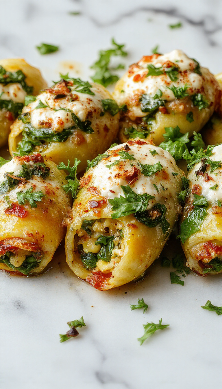 A close-up of large pasta shells filled with creamy ricotta and vibrant spinach, topped with melted cheese and herbs, arranged on a white plate with a side of fresh greens, styled with a rustic wooden background.