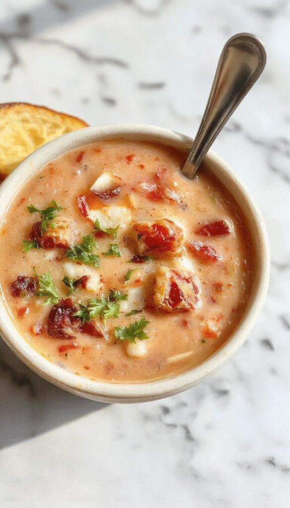 A bowl of rich, creamy cowboy soup topped with shredded cheese and chopped green onions, served in a rustic white bowl on a wooden table with a backdrop of fresh ingredients and a spoon resting beside the bowl.