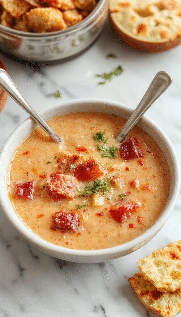 A comforting bowl of creamy cowboy soup with visible chunks of beef, potatoes, and vegetables, topped with a sprinkle of fresh herbs, served in a rustic bowl on a wooden table with a spoon beside it, vibrant colors showcasing the thick and creamy texture.