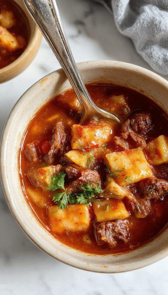 A steaming bowl of hearty beef stew featuring tender chunks of beef, carrots, potatoes, and celery in a rich gravy, garnished with fresh herbs, served on a rustic wooden table with a spoon beside it.