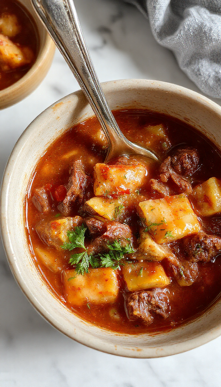 A steaming bowl of hearty beef stew featuring tender chunks of beef, carrots, potatoes, and celery in a rich gravy, garnished with fresh herbs, served on a rustic wooden table with a spoon beside it.