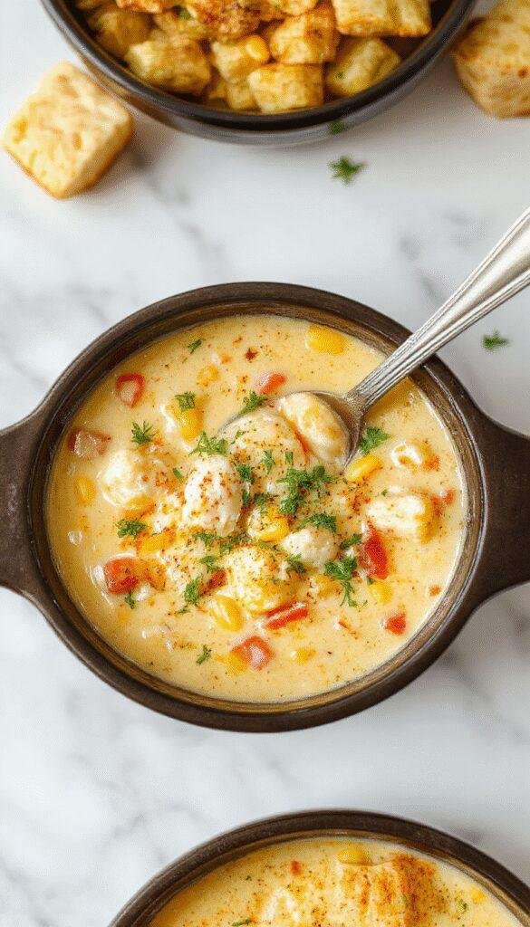 A close-up of a steaming bowl of Crockpot Chicken Corn Chowder with golden corn kernels, shredded tender chicken, and a creamy, thick broth, garnished with fresh parsley and served on a rustic wooden table