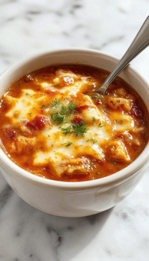 A vibrant bowl of crockpot lasagna soup featuring layers of melted cheese, tender pasta, rich tomato sauce, garnished with fresh basil and grated Parmesan, served on a rustic wooden table with a spoon and a sprig of basil for garnish.
