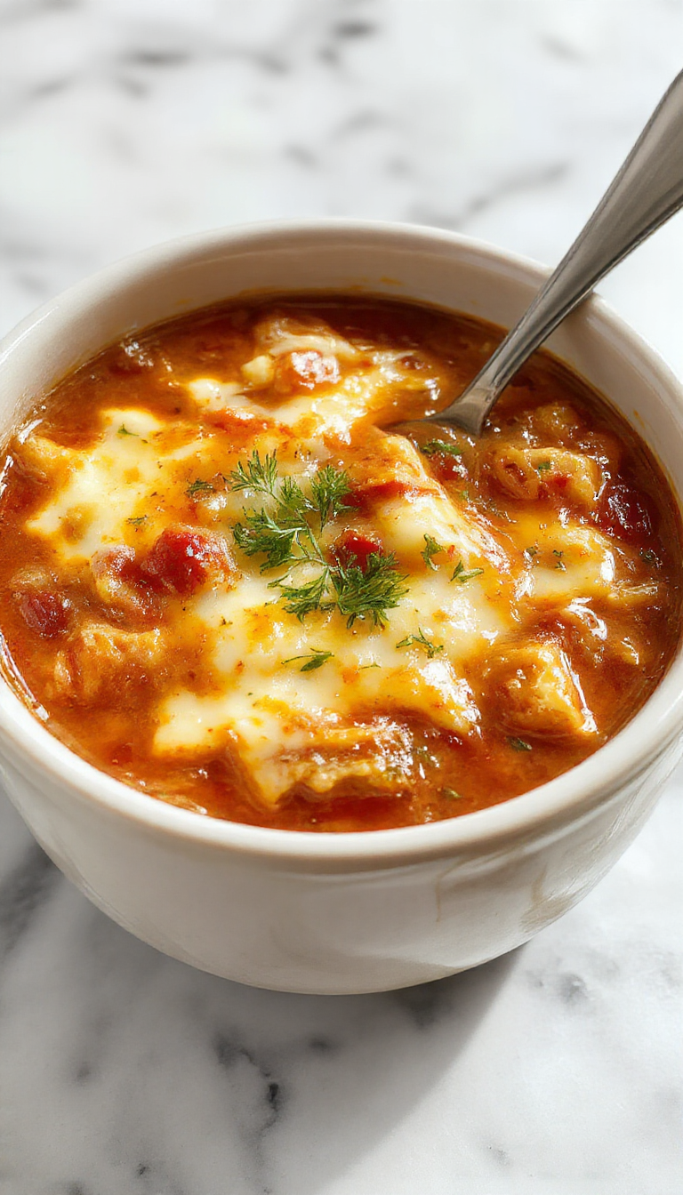 A vibrant bowl of crockpot lasagna soup featuring layers of melted cheese, tender pasta, rich tomato sauce, garnished with fresh basil and grated Parmesan, served on a rustic wooden table with a spoon and a sprig of basil for garnish.